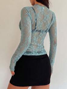 ATTRACO Women's Sheer Mesh Lace Sexy Slim Fit Long Sleeve Top Stand Collar Regular Length - Mint Green - View 4