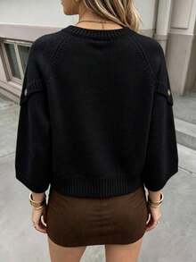 Women's Casual Autumn/Winter Solid Beige Round Neck Batwing Sleeve Knit Top, Button Design Pullover Sweater, Suitable For Daily Office Commute - Black - View 6