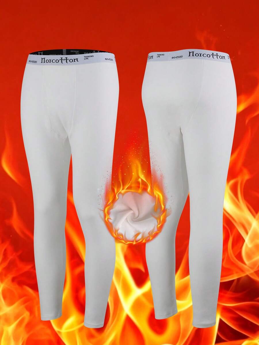Norcotton 1PC White Men's Autumn/Winter Thermal Leggings, Slim Fit Front Fly Design, Snug Fit Non-Bulky Base Layer - White - View 1