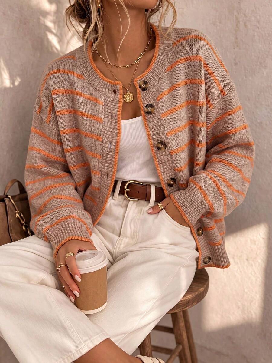 Plus Size Women's Round Neck Single-Breasted Contrast Striped Long Sleeve Knit Cardigan, Loose Casual Fashion Versatile, Autumn/Winter Fall - Khaki - View 1