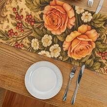 1 st vintage orange ros- och bärmönstrad bordslöpare med mörkt tryck, retro lantstil i styv polyesterväv, fest- och matsalstillbehör, farmhouse bordsdekoration, lämplig för köksbord, soffbord, skåp, fest, bröllop och högtidsdekoration - Senapsgul - Visa 7