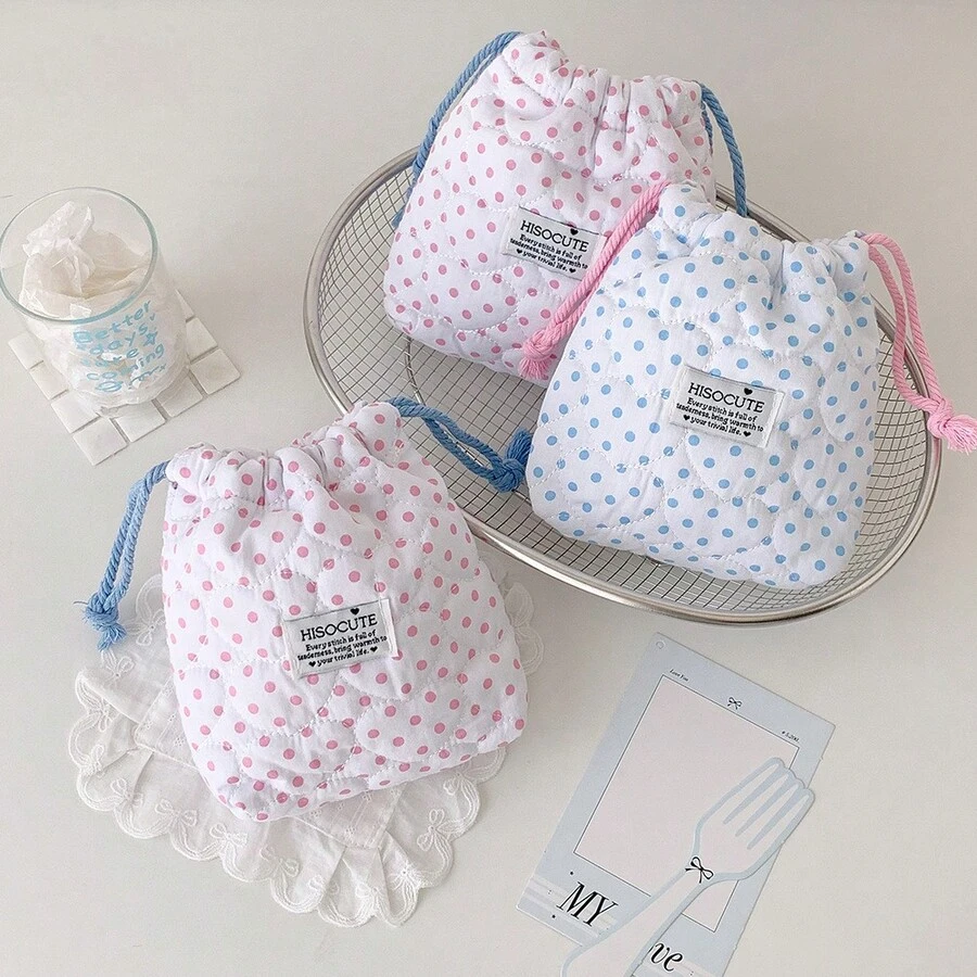 Minimalist Polka Dot Drawstring Makeup Bag, Girl's Cinched Top Skincare Storage Pouch, Portable Travel Organizer Bag