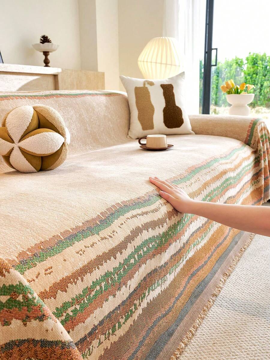 1pc Modern Minimalist Dopamine Striped Pattern Chenille Sofa Cover, Machine Washable, Pet-Friendly Sofa Throw, Suitable For 1/2/3/4 Seater And Sectional Sofas, For Bedroom And Living Room Home Decor - Multicolor - View 1