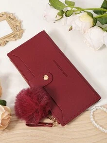 Dengan hiasan pom-pom, dompet panjang ultra tipis yang modis, dompet yang dapat memuat ponsel kecil, cocok untuk aktivitas luar ruangan dan perjalanan. - Burgundy - View 8