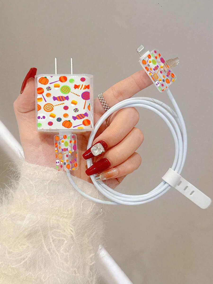 Halloween Candy Pumpkin Pattern, For IPhone18W/20w Transparent Charger Protective Case For IPhone13/14/15 Charger Protective Case 20W Charger Protective Set, Cable Protective Case, Charging Cable Head Protective Case. Gift, Transparent Protective Case, Charger Protective Shell - Multicolor - View 1