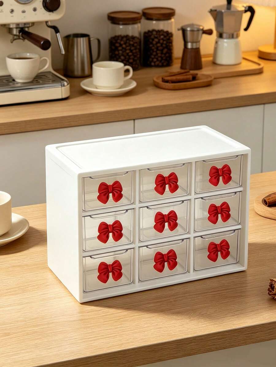 Drawer-Style Mini Cosmetic Organizer, Featuring Various Colored Bows, Transparent Plastic Stackable Storage Boxes, Multiple Designs, And Multiple Compartments. Suitable For Desktops, Offices, And Bedrooms, With A Smooth, Easy-To-Clean Surface. - Multicolor - View 1