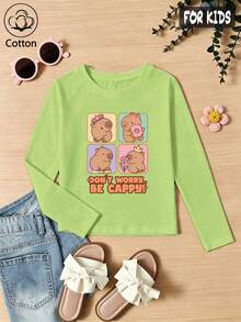 Girls Cotton Raglan Long Sleeve Tee, Fall Winter Top With Cartoon Crown & Flower Animal Print, Sweet Cute Preppy Style - Fruit Green - View 3