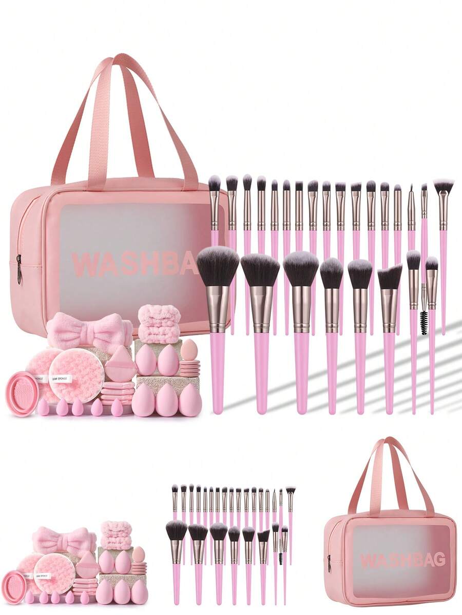 1/25/26/52Pcs Total All‑In‑One Makeup Tool Set, 25Pcs Soft Synthetic Makeup Brushes, With Portable Pink Makeup Sponges, Bow Hair Bands, Brush Cleaning Bowl, Complete Cosmetic Kit For Foundation Blush Eyeshadow Concealer, Pink Makeup Accessories - Pink - View 1