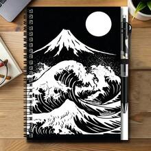 1 Set Japanese Ukiyo-E Style 2D Spiral Coil Notebook And Pen Set, Black And White Wave And Moon Artistic Collision. Great Helper For Work And Study, Suitable For Diary, Daily Planning And Memo. Premium Gift Choice For Graduation, Birthday And Other Occasions, Inspiring Writing And Beautiful Daily Life, Accompanying You To Start Every Moment Of Recording. - 1 Book + 1 Pen - View 14