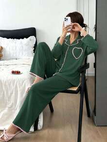 French Pink Lace Trim Patchwork Loungewear Set, Heart Pocket Design, Loose Comfortable Long Sleeve Long Pants Pajamas - Green - View 1