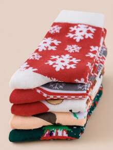 5 Pares de Meias de Natal Femininas Aleatórias de Outono/Inverno com Flocos de Neve, Renas, Papai Noel e Desenhos Animados de Casal até a Panturrilha - Multicolorido - Visão 3