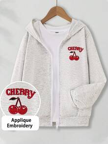 Sweet Girl Zipper Hoodie Jacket, Cherry CHERRY Applique Embroidery Loose Full Zip Sweatshirt With Kangaroo Pocket, Spring/Autumn - Light Grey - View 2