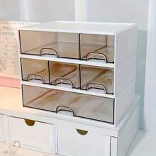 1pc Plastic Desktop Storage Organizer Box With Drawer,Space Saving Desk Organizer For Home Office And Study Room, Stackable Storage Box For Makeup Stationery And Craft Supplies,Large Capacity Storage Organizer For Bedroom Essentials,Home Organization - Multicolor - View 2