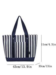 Fashionable Large Capacity Striped Shoulder Tote Bag, Multi-Functional Pockets, Suitable For Women Shopping, Commuting And Daily Use, Suitable For Students Back To School - Blue - View 2