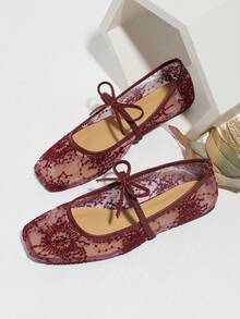 Women's Burgundy Flat Ballet Shoes With Bow Decor, Embroidered Mesh Hollow Out Breathable Square Toe Sequin Comfortable Mary Jane Sandals For Summer - Burgundy - View 1