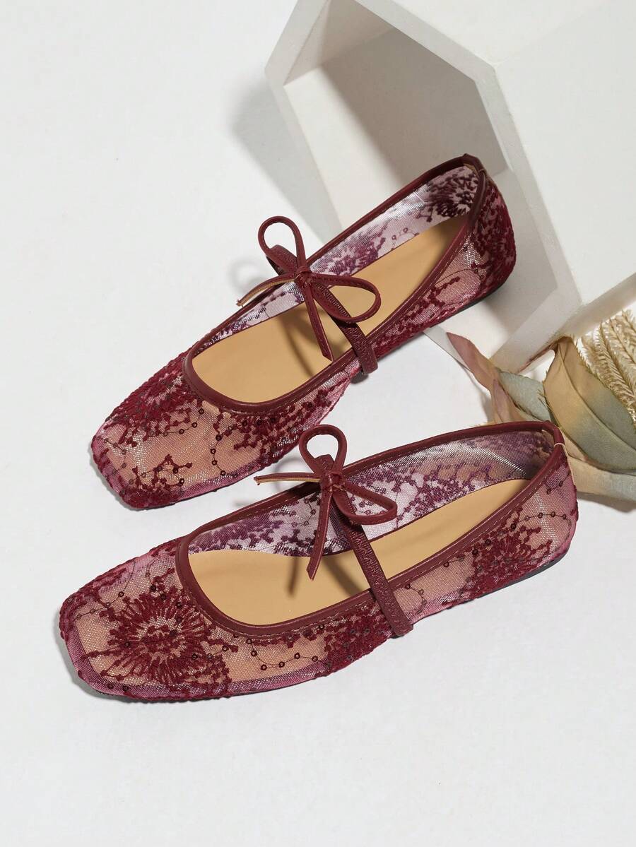 Women's Burgundy Flat Ballet Shoes With Bow Decor, Embroidered Mesh Hollow Out Breathable Square Toe Sequin Comfortable Mary Jane Sandals For Summer - Burgundy - View 1