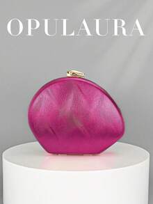 OpulAura 女款極簡貝殼造型奢華 PU 皮革晚宴手拿包，優雅迷人的晚宴包，閃亮派對手拿包，正式派對包，浪漫婚禮附鏈條手拿包 - 玫紅色 - 查看 1