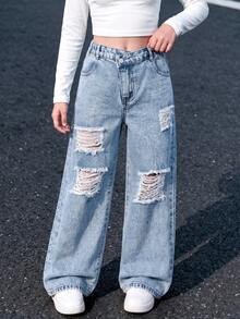 Celana Jeans Remaja Perempuan Gaya Y2K dengan Motif Salju yang Dicuci dan Longgar, Model Lurus, Kancing Asimetris, Nyaman dan Serbaguna untuk Musim Gugur dan Musim Dingin - Light Wash - View 9