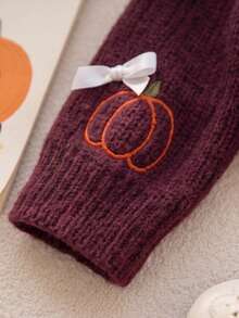 Tween Girl Pumpkin Embroidery Bow Decor Round Neck Sweater - Multicolor - View 6