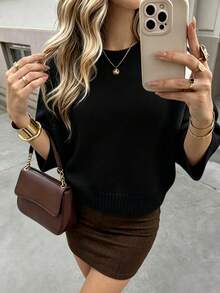 Women's Casual Autumn/Winter Solid Beige Round Neck Batwing Sleeve Knit Top, Button Design Pullover Sweater, Suitable For Daily Office Commute - Black - View 8