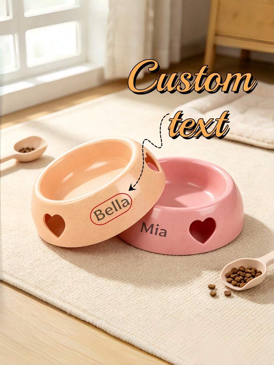 Customized Name Pet Bowl, Heart-Shaped Wheat Straw Cat Food & Water Bowl, Personalized Non-Slip Feeding Dish, Cute Pet Feeding Bowl Suitable For Small And Medium Pets