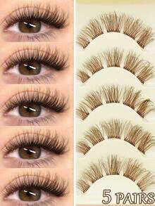 Ayrmilla 5 Pairs Brown Daily Charming Natural False Eyelashes,Long, Naturally Curled Cat-Eye False Lashes, Suitable For Ladies' Daily Commutes, Travels, Holiday Parties, And Everyday Makeup. Clustered Lashes And Personalized Lashes. - Brown - View 1