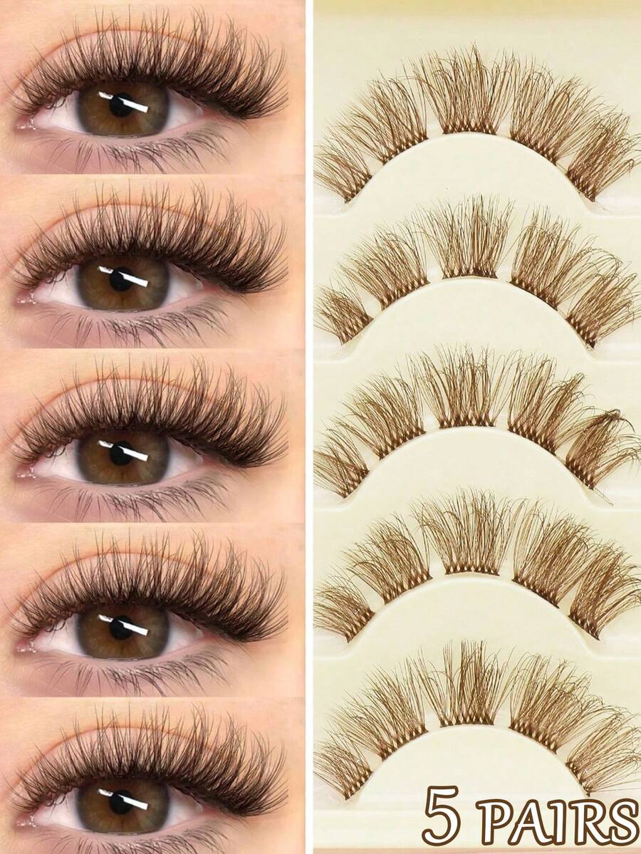 Ayrmilla 5 Pairs Brown Daily Charming Natural False Eyelashes,Long, Naturally Curled Cat-Eye False Lashes, Suitable For Ladies' Daily Commutes, Travels, Holiday Parties, And Everyday Makeup. Clustered Lashes And Personalized Lashes. - Brown - View 1