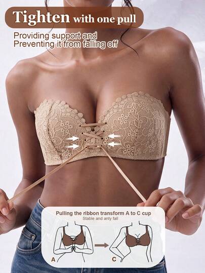 1pc Women's Underwire Front Closure Lace Bra, Strapless Sexy Comfortable Lifting Support Push-Up Lingerie