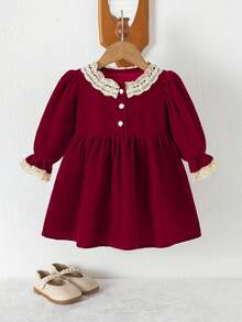1pc Burgundy Velvet Lace Collar Long Sleeve Dress For Baby Girls, Front Button Vintage Palace Style High Waist A-Line Dress - Burgundy - View 12