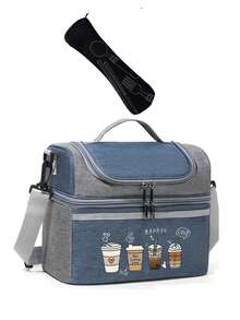 Four Cups Of Coffee Print Lunch Bag With Insulated, Dual-Compartment Lunch Bag With Shoulder Strap, Practical, Versatile Gift For Family And Friends - Multicolor - View 14