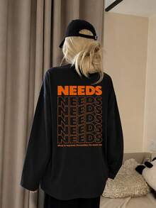 Women's Fashion Autumn/Winter Loose Minimalist Versatile Letter Print Long Sleeve T-Shirt Casual - Black - View 3
