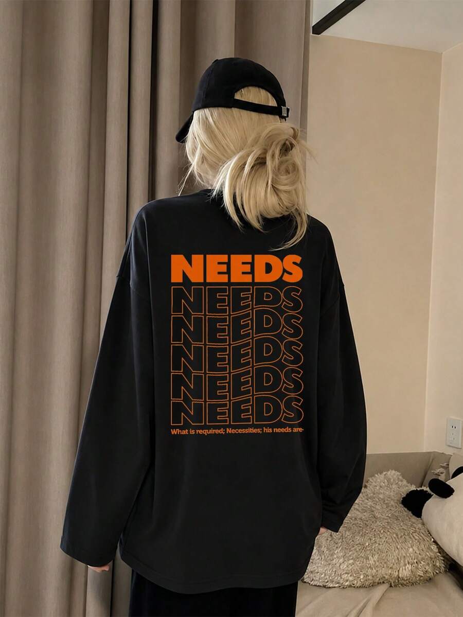 Women's Fashion Autumn/Winter Loose Minimalist Versatile Letter Print Long Sleeve T-Shirt Casual Style - Black - View 1