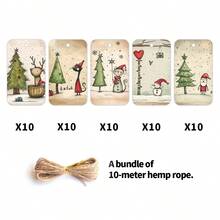 50pcs Festive Christmas Gift Tags With Hemp Rope - Cute Cat, Santa, Snowman, Reindeer & Xmas Tree Designs Holiday Hanging Labels For Presents, Gift Wrapping & Party Favor Decorations - Multicolor - View 8