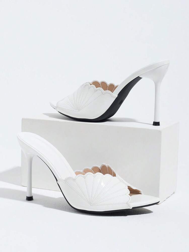 Women's High Heel Shell Design Pointed Toe Mule Shoes, Slip-On White Casual Shoes For Spring/Summer Nightclub Party Evening Gala Shopping Runway Stage Home - White - View 6