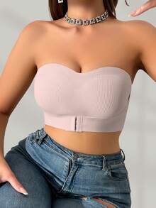 Áo ngực bandeau gân màu hồng cài nút trước - Hồng - Xem 5