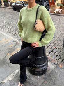 Women's Cozy Knitwear Round Neck Drop Shoulder Long Sleeve Regular Length Sweater, Perfect For Fall Daily Wear - Olive Green - View 5