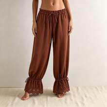 Women Bloomer Pants Drawstring Waist Eyelet Lace Cuff Cozy Harem Trousers - Light Brown - View 7