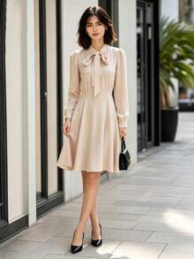 Autumn/Winter New Petite French Gentle Style Elegant Bow Ribbon Long Sleeve Elegant Dress - Apricot - View 5