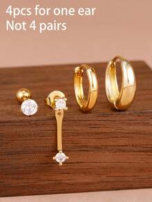 4PCS Light Luxury Geometry Zirconia Hoop Earrings Set For Women 18K Gold Plated Stainless Steel Round Ear Stud Hypoallergenic Party Jewelry Gift - 4PCS-gold - View 4
