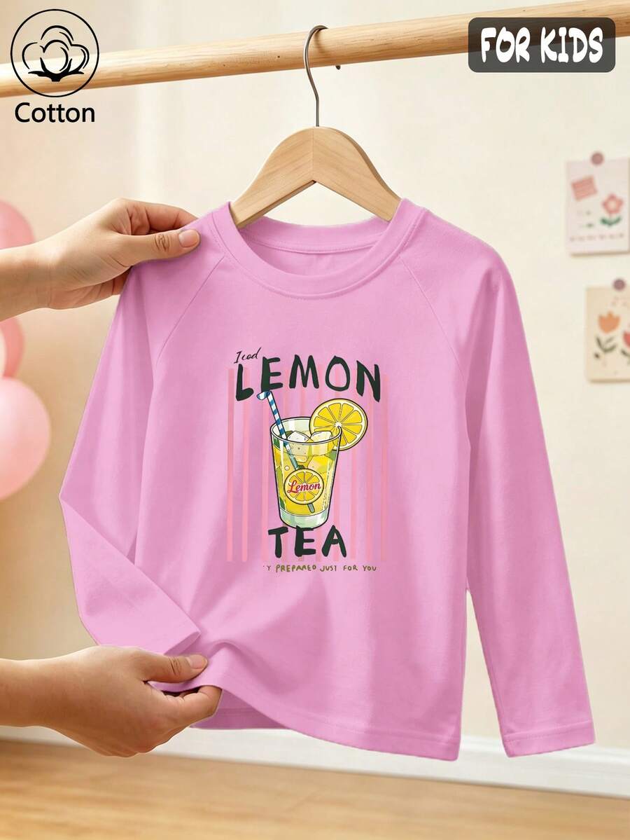 Girls Pure Cotton Raglan Long Sleeve Tee For Fall Winter, Cartoon Lemon Tea Print With Pink Stripes, Cute Sweet Preppy Style - Light Wine Red - View 1