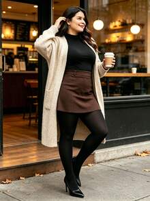 1 Pair Women Solid Black Plus Size Opaque Pantyhose, Medium‑Thick High Stretch Soft Casual Tights For Autumn Winter Daily Office Outfits - Black - View 6