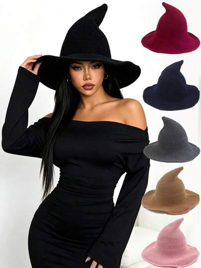 1pc Women's Halloween Witch Hat, Creative Halloween Wizard Hat, Day Of The Dead Party Cosplay Parade Costume Hat With Pleated Wide Brim