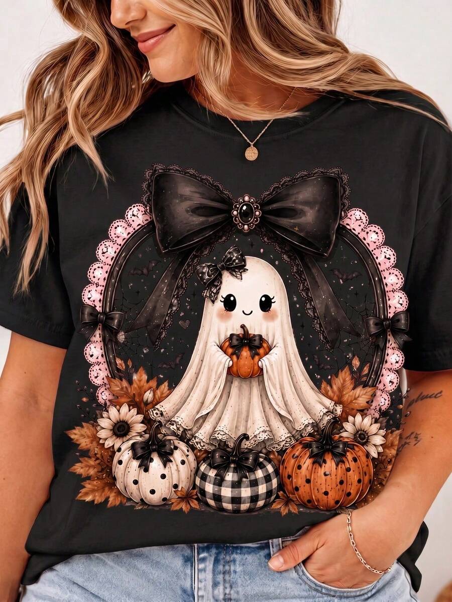 Retro Halloween T-Shirt With An Autumn Motif, Cute Ghost And Pumpkin Design That Creates A Spooky Autumn Atmosphere. - Black - View 1