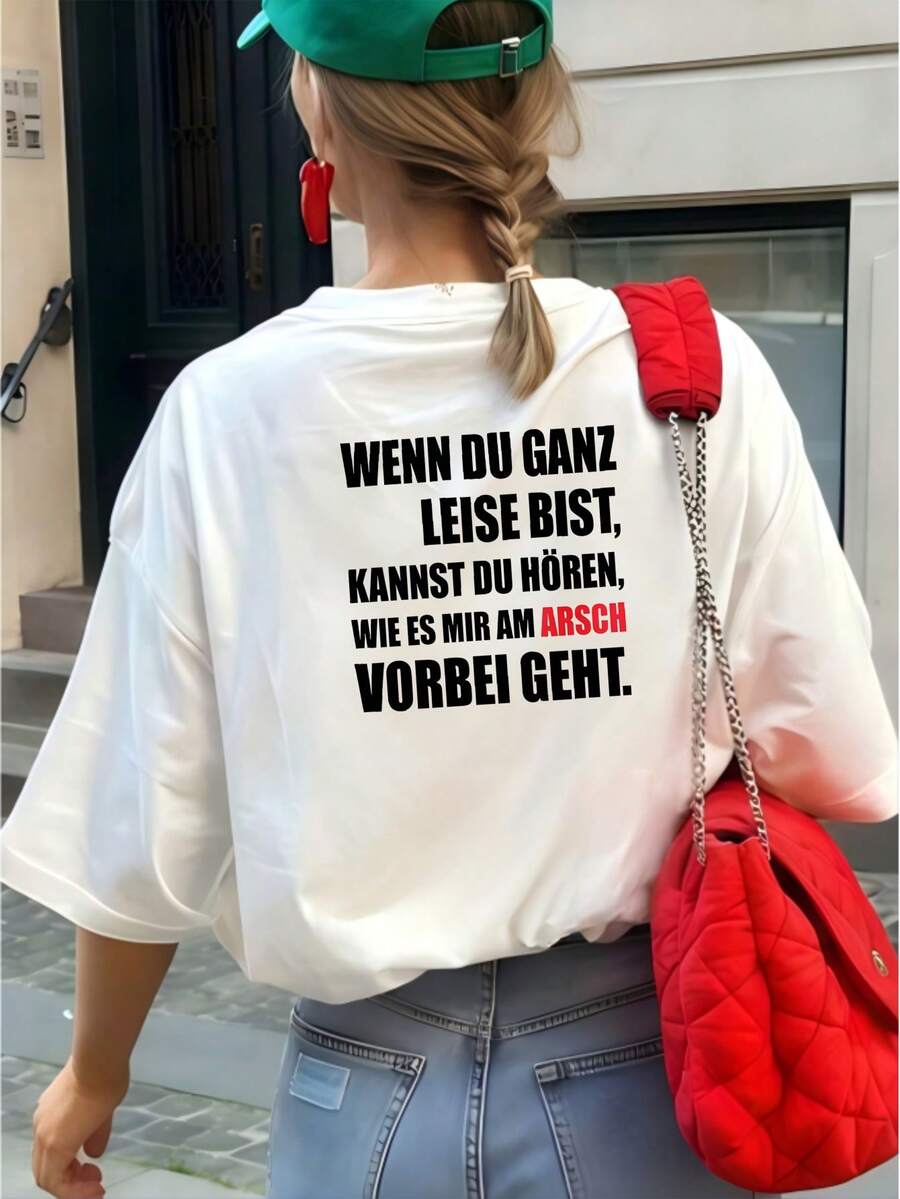 Urban Utility Cotton T‑Shirt, Cool Bold European Quote Contrast Text Mix Back Graphic, Casual For Date Weekend Holiday Looks - White - View 1