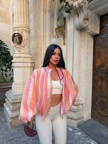 Women's Striped Short Long Sleeve Flight Jacket, Fashionable Spring Woven Fabric Outerwear - Multicolor - View 5