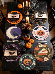 6pcs Halloween & Thanksgiving Round Placemats, Autumn Pumpkin Maple Leaf Turkey Squirrel Print Table Mats, Holiday Atmosphere Decorative Table Pads - Multicolor - View 11