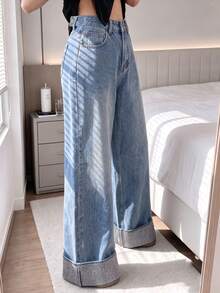 Mid-Waist Wide Leg Jeans With Waist Adjustment Buckle, Rhinestone Rolled Hem, Light Wash Loose Fit Casual - Medium Wash - View 4