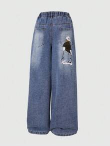 Tween Boy Spring Cartoon Graphic Pocket Casual Daily Denim Jeans - Blue - View 3