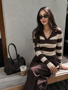FOR BEAUTY Fall Winter Y2K Elegant Mocha Brown Striped Collar Neck Long Sleeve Soft Ribbed Sweater Tops Women Going Out Vacation Outfits - Multicolor - View 5