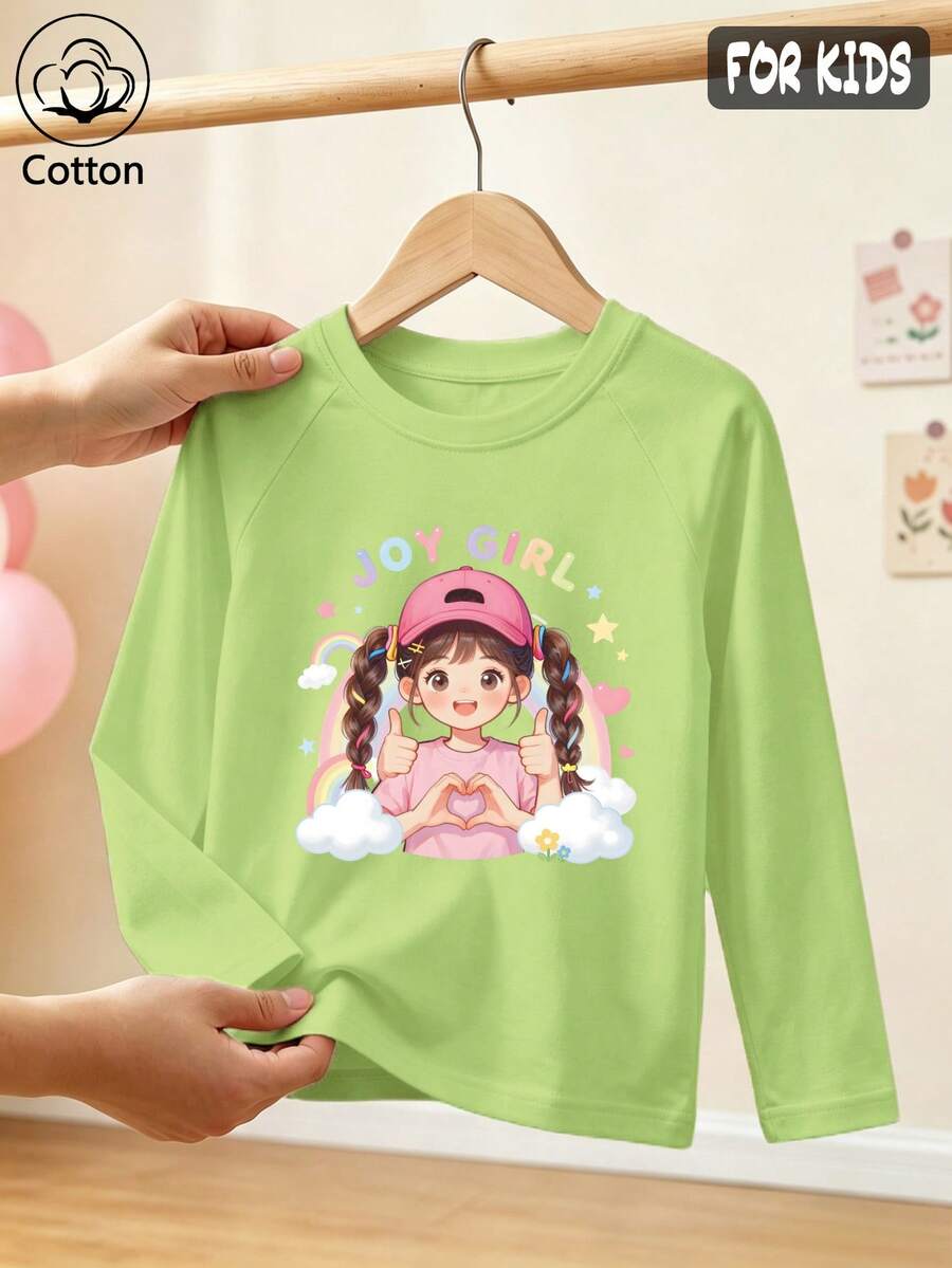 Girls Cotton Raglan Long Sleeve Tee For Fall Winter, Cartoon Rainbow Cloud Heart Girl Print, Cute Sweet Preppy Style - Fruit Green - View 1